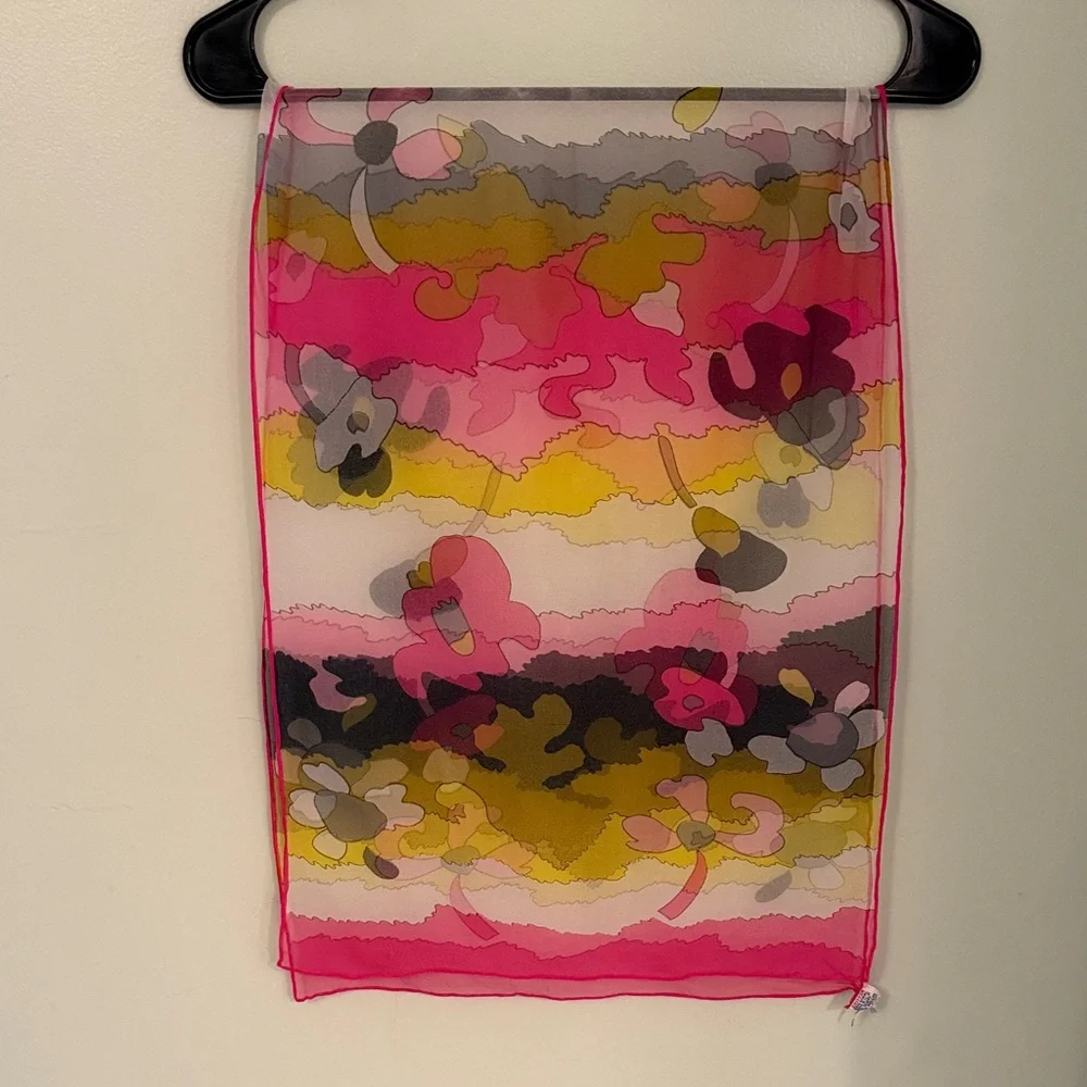 Vintage 1960’s Chiffon Silk Blend Scarf Floral Abstract Yellow, Pink Retro